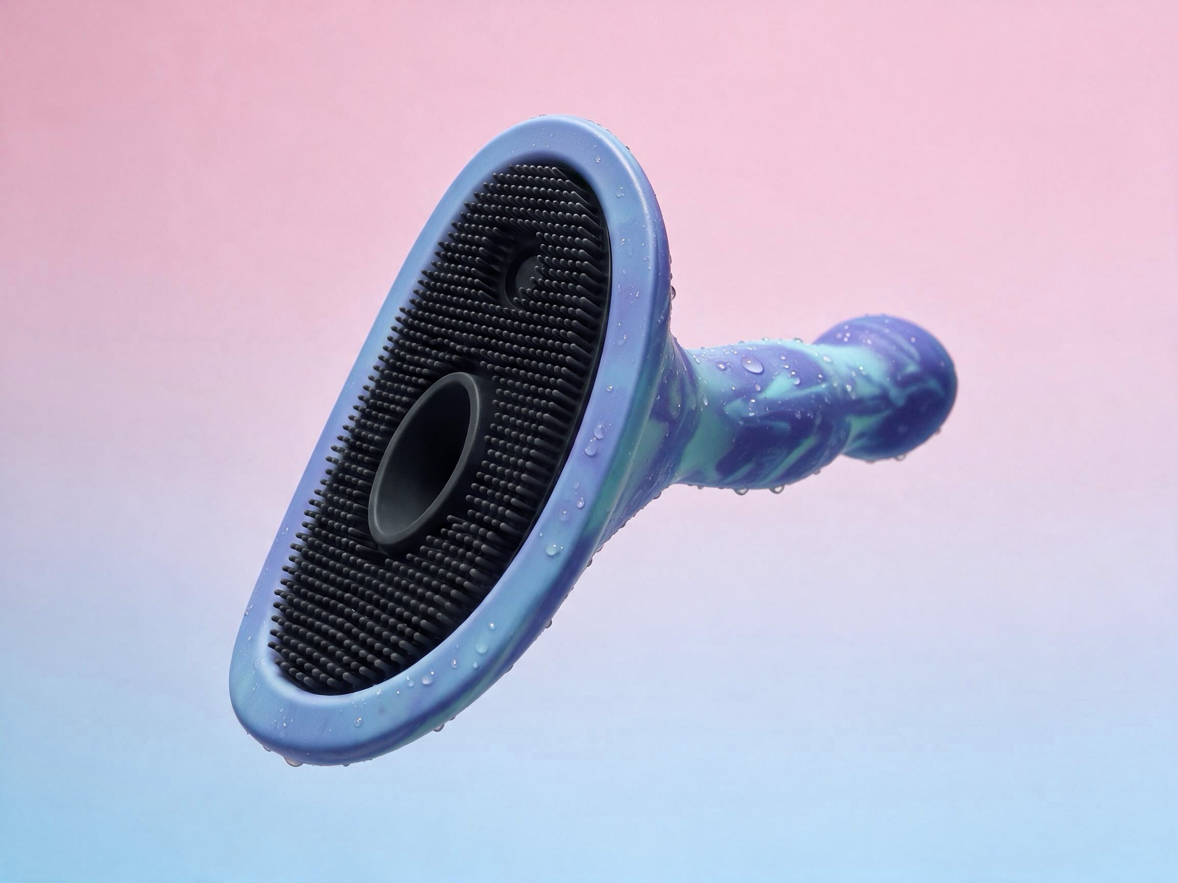 Blue ClitoShare, close-up on a pink and blue background